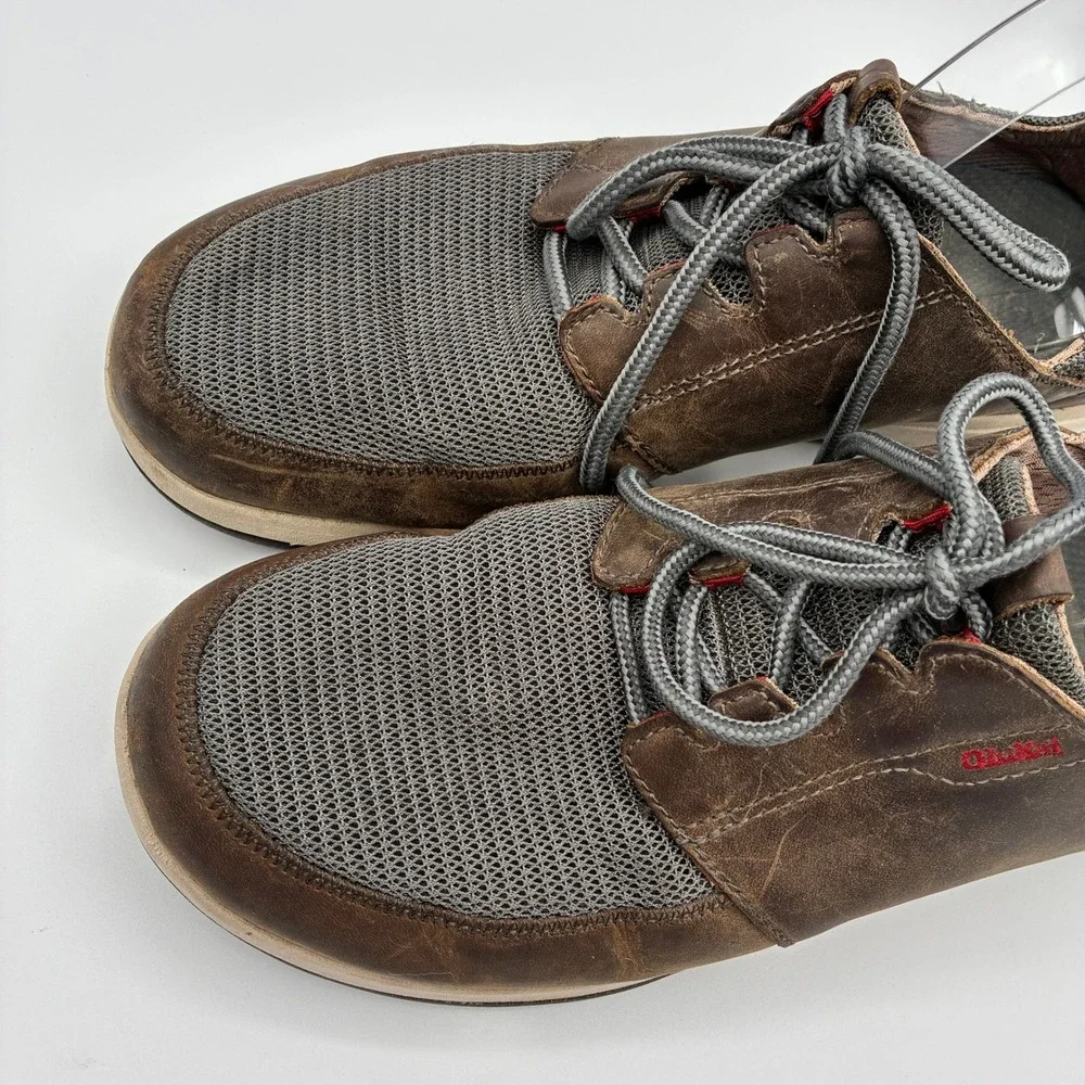 OluKai Makia Leather Boat Shoes Mens 9 EU 42 Brown Gray Lace Up Sneakers